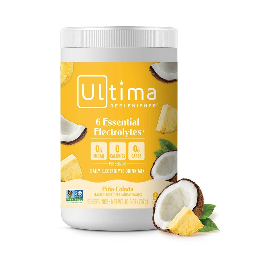 Electrolyte powder drink mix container, white tub with “Pina Colada” label and 6 electrolytes