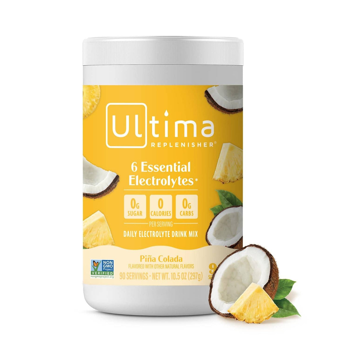 Electrolyte powder drink mix container, white tub with “Pina Colada” label and 6 electrolytes