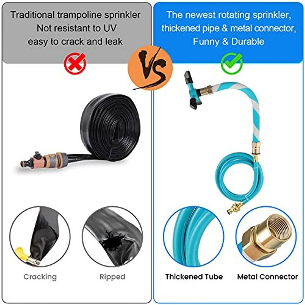 Rotating trampoline sprinkler with thickened tube and metal connector, blue-and-white hose