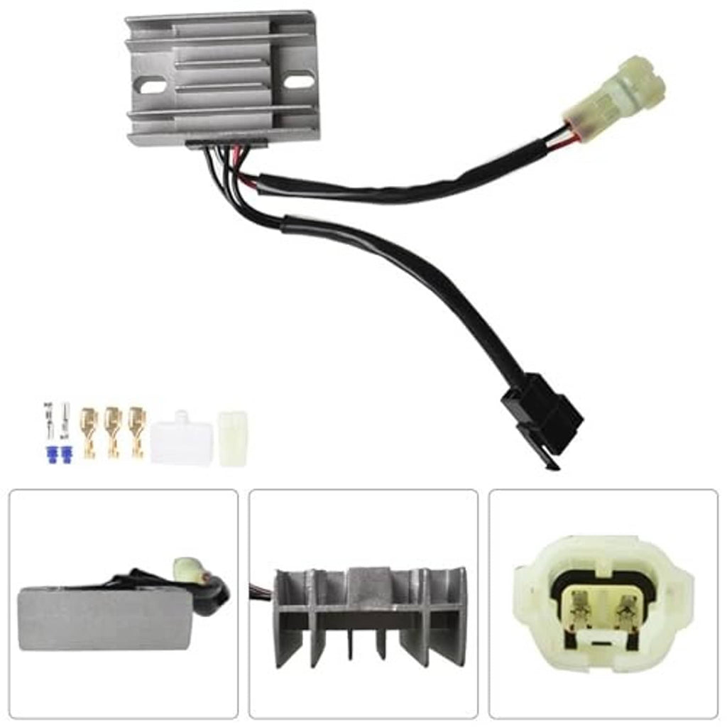 Voltage regulator rectifier assembly with wiring, multi-pin connector, and included connectors