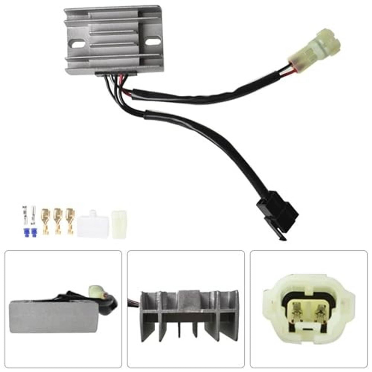 Voltage regulator rectifier assembly with wiring, multi-pin connector, and included connectors