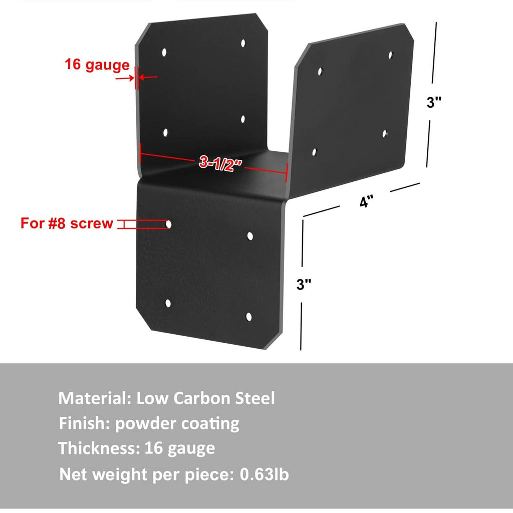 Black steel 4x4 joist anchor connector post cap, L-shape with six screw holes