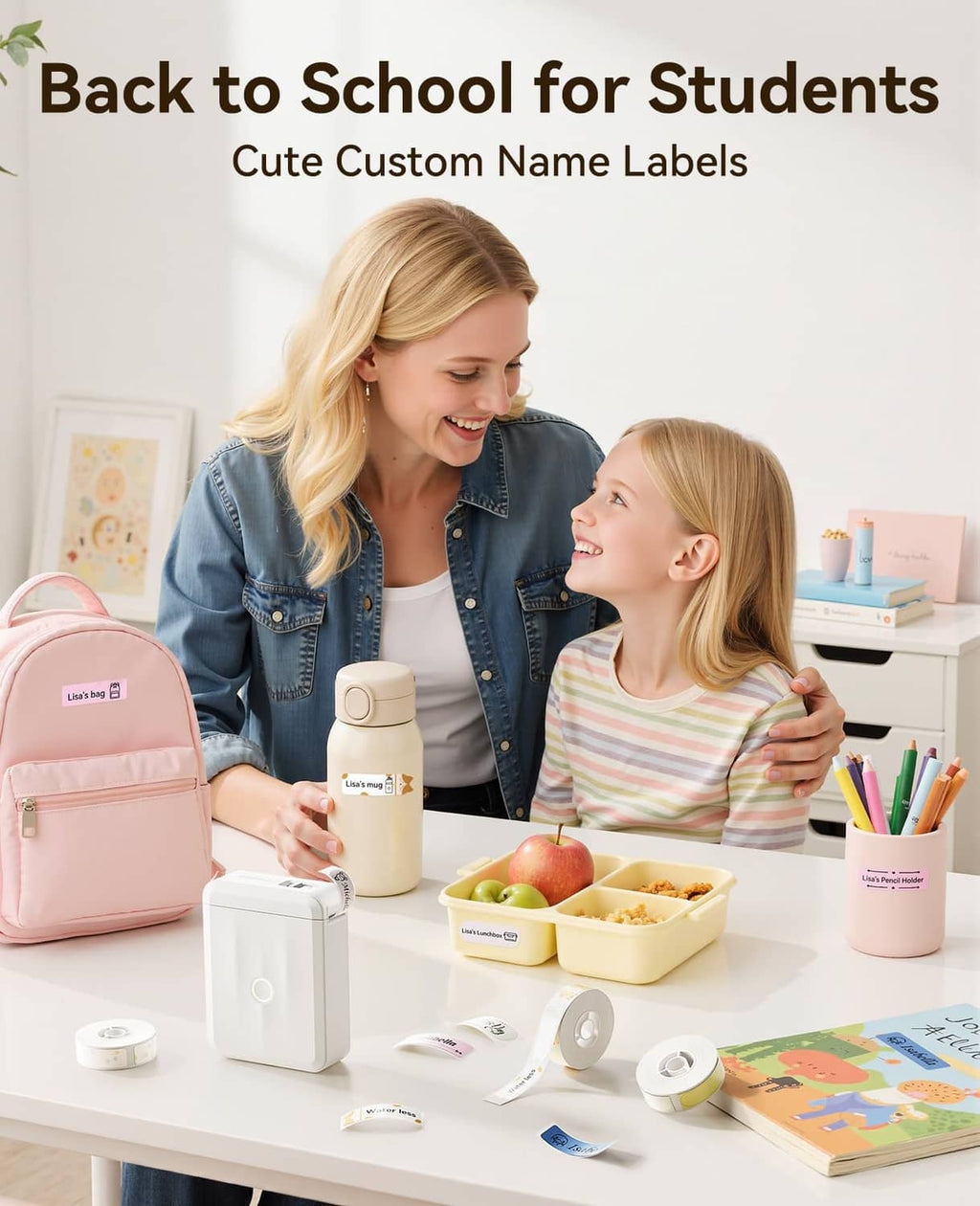Mini label maker on desk with printed name label stickers