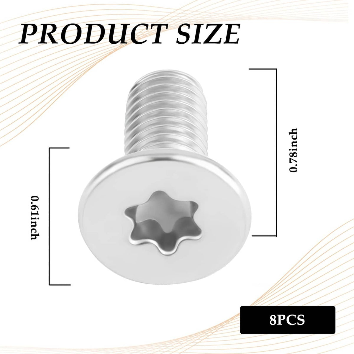 Brake rotor screw with white star drive head and silver threaded shank, 0.78 in length