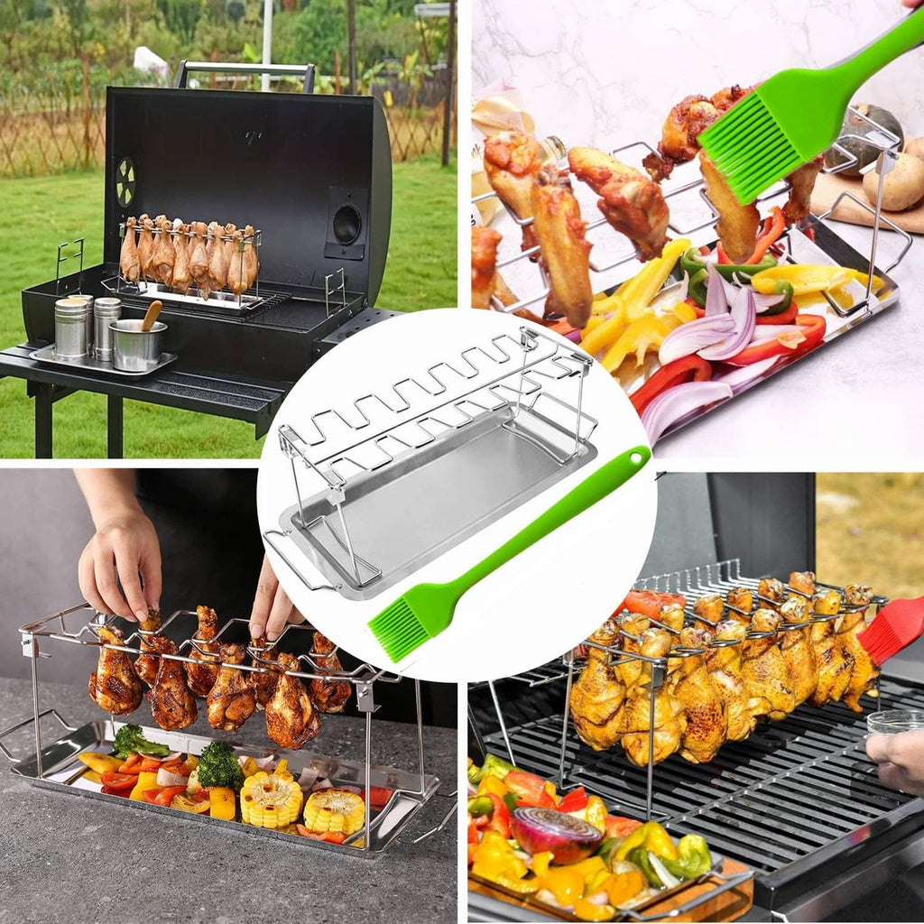 RivetOak goldhik Chicken Leg Rack for Grill with Drip Tray, 14 Slots Stainless silver
