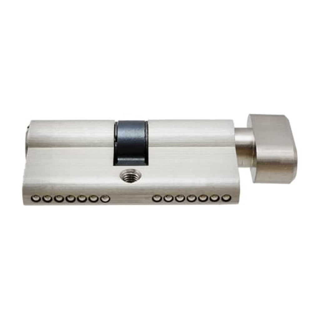 Silver lock cylinder with black central ring and side keyhole