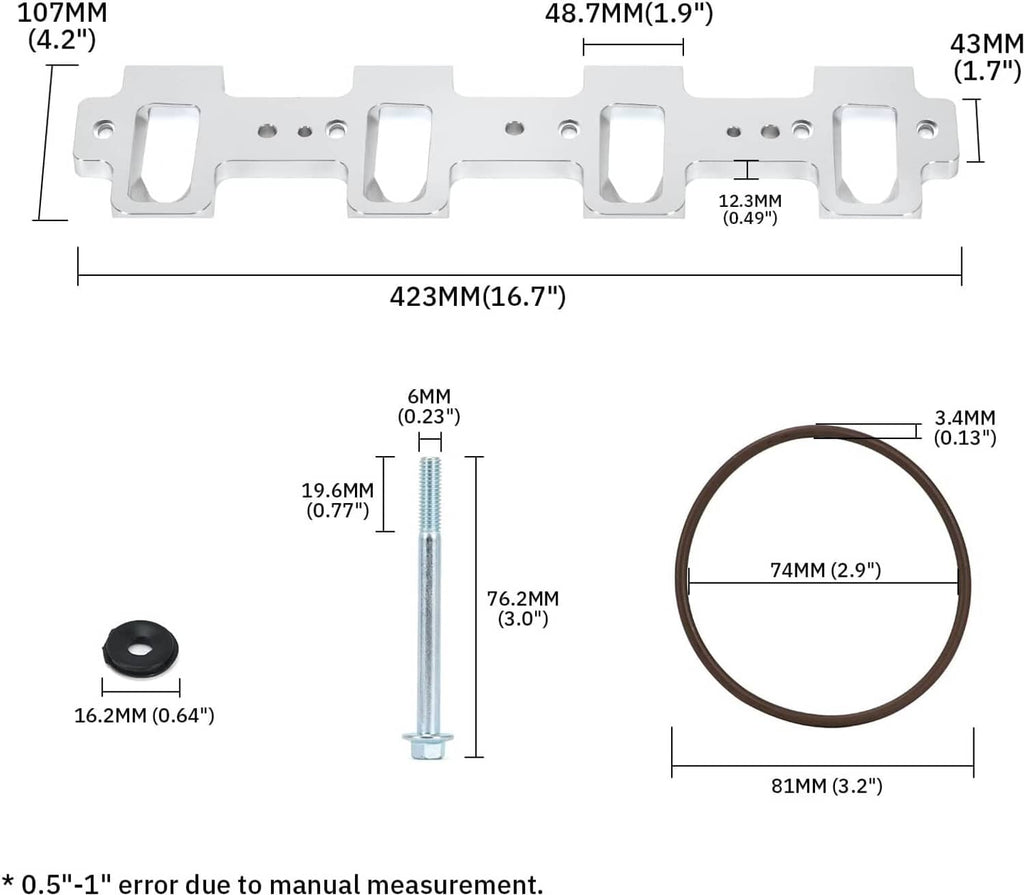 Intake manifold adapter assembly with gasket o-rings, bolts, and size diagram