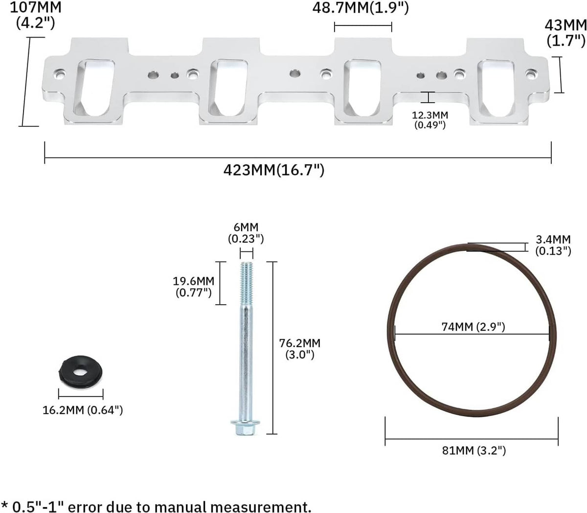 Intake manifold adapter assembly with gasket o-rings, bolts, and size diagram