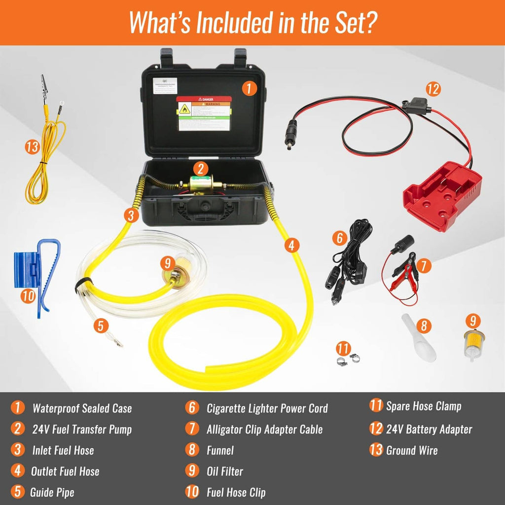 Fuel transfer pump kit with 24V pump, hoses, funnel, and battery adapters