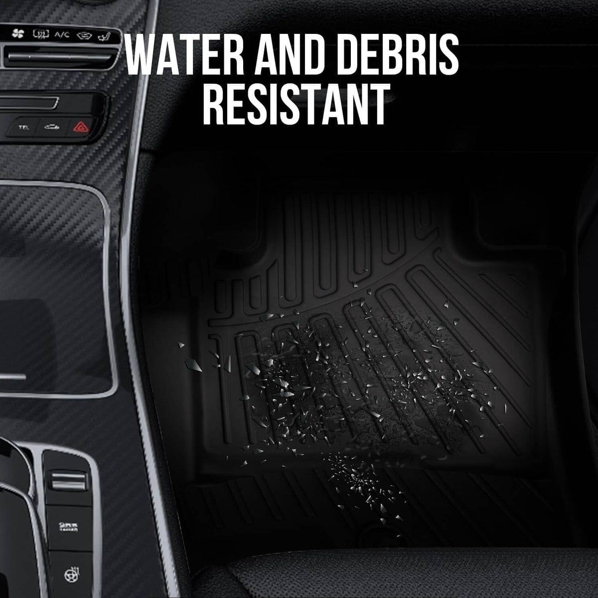 Black all-weather floor mat with raised channels to help resist water and debris