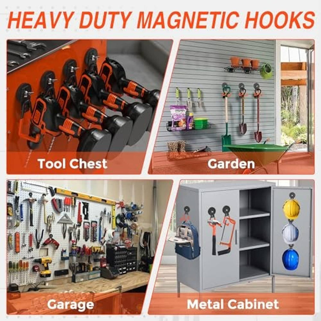 Heavy-duty magnetic hooks with black round magnets and orange U-shaped hangers