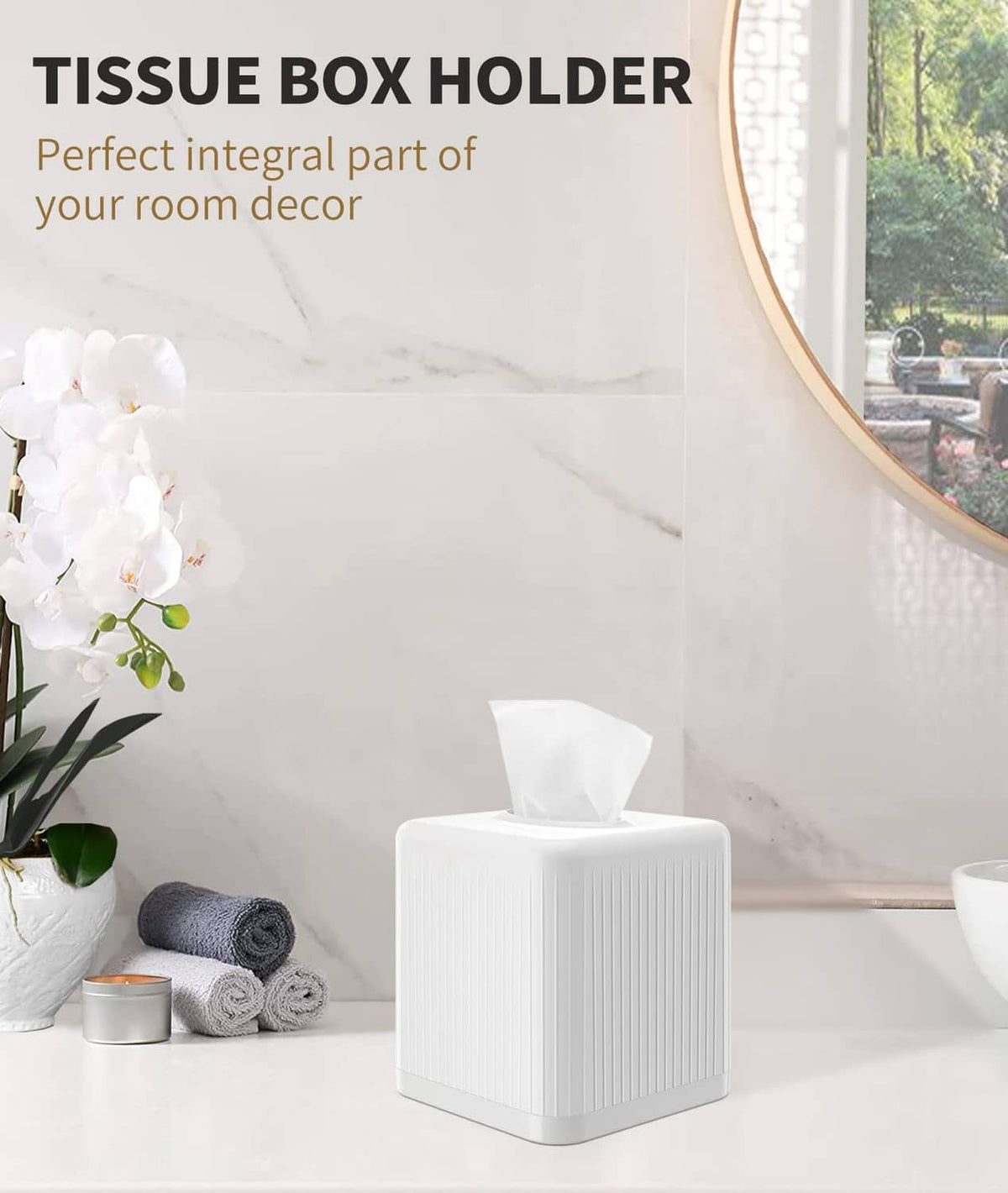 Square white tissue box holder cover with base, ridged sides and tissue opening.