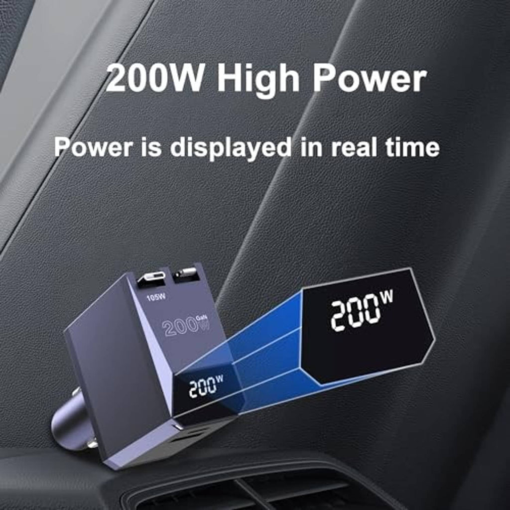 Car charger with blue side insert and 200W power display panel, black cable end