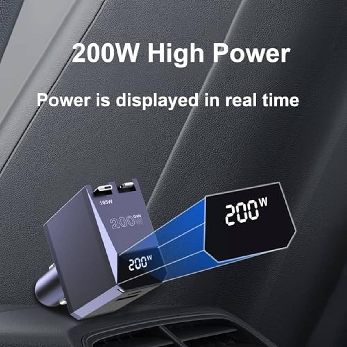Car charger with blue side insert and 200W power display panel, black cable end