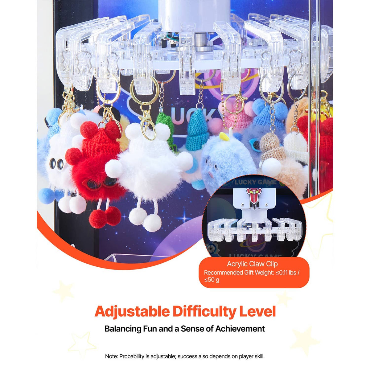Uimoso claw crane arcade machine prizes: plush keychains hanging in clear play area