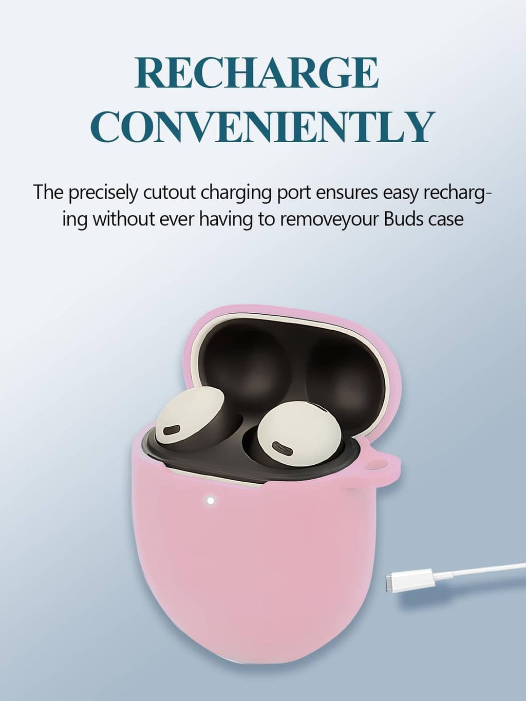 Pink silicone earbuds case with open charging port cutout and earbuds inside
