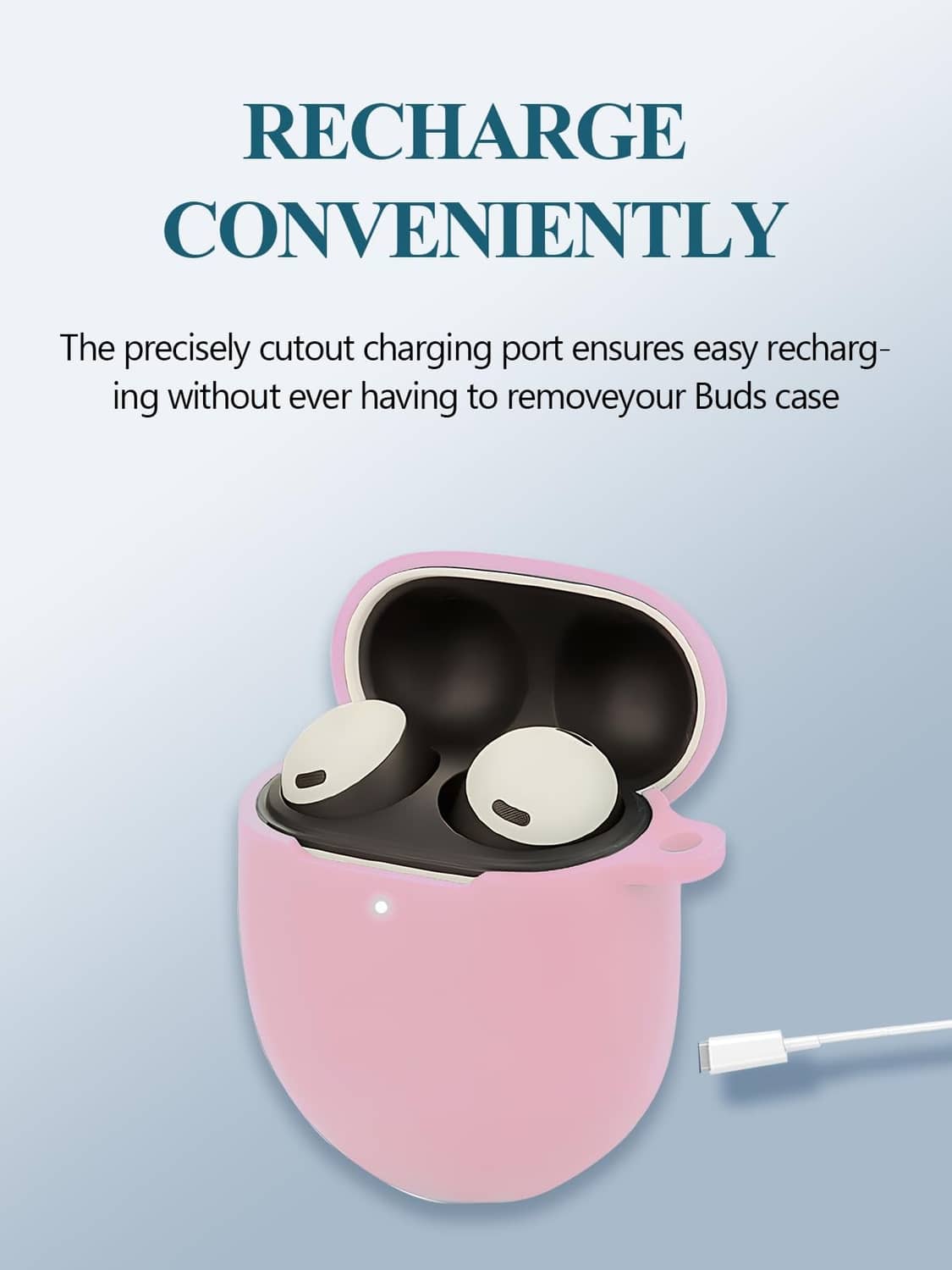 Pink silicone earbuds case with open charging port cutout and earbuds inside