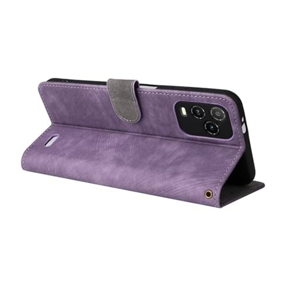 Purple folio wallet phone case with stand flap and camera cutout