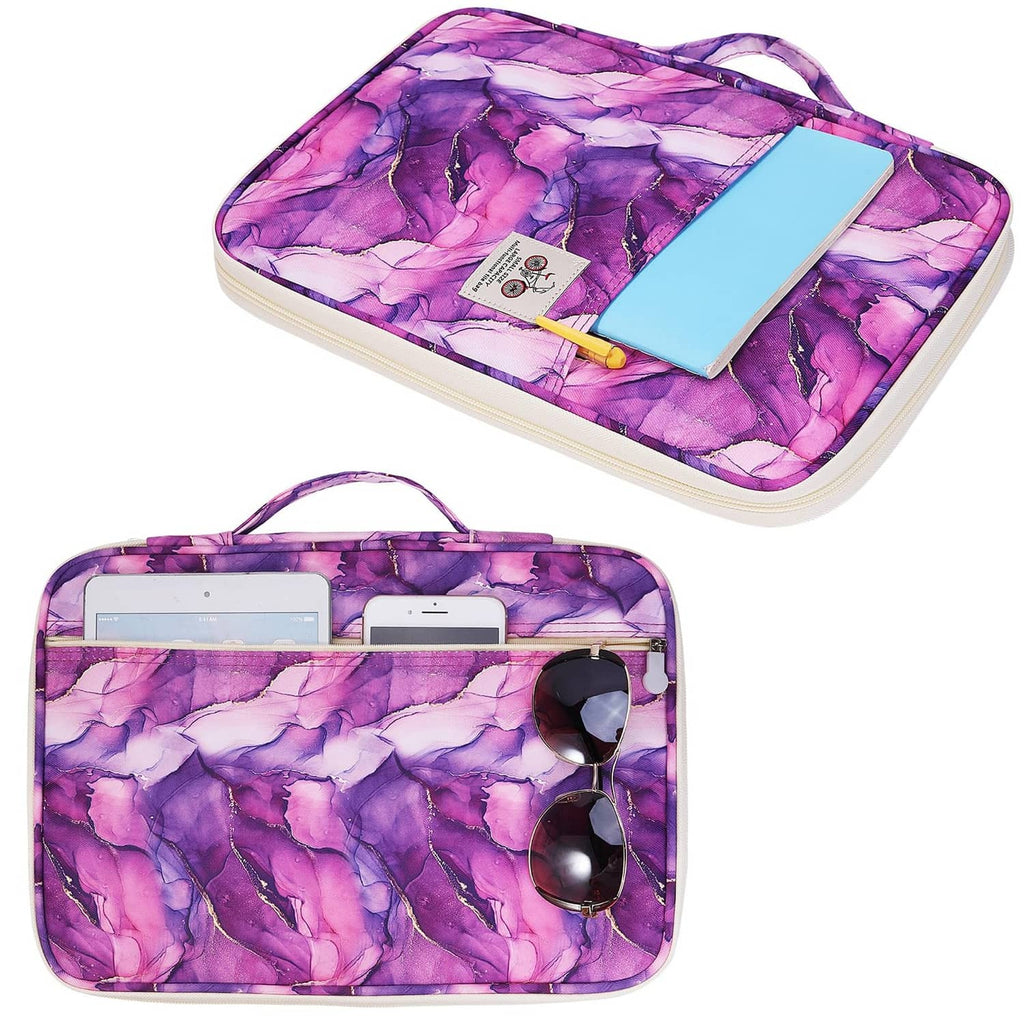Purple marble-pattern travel portfolio with card holder and phone accessory slots