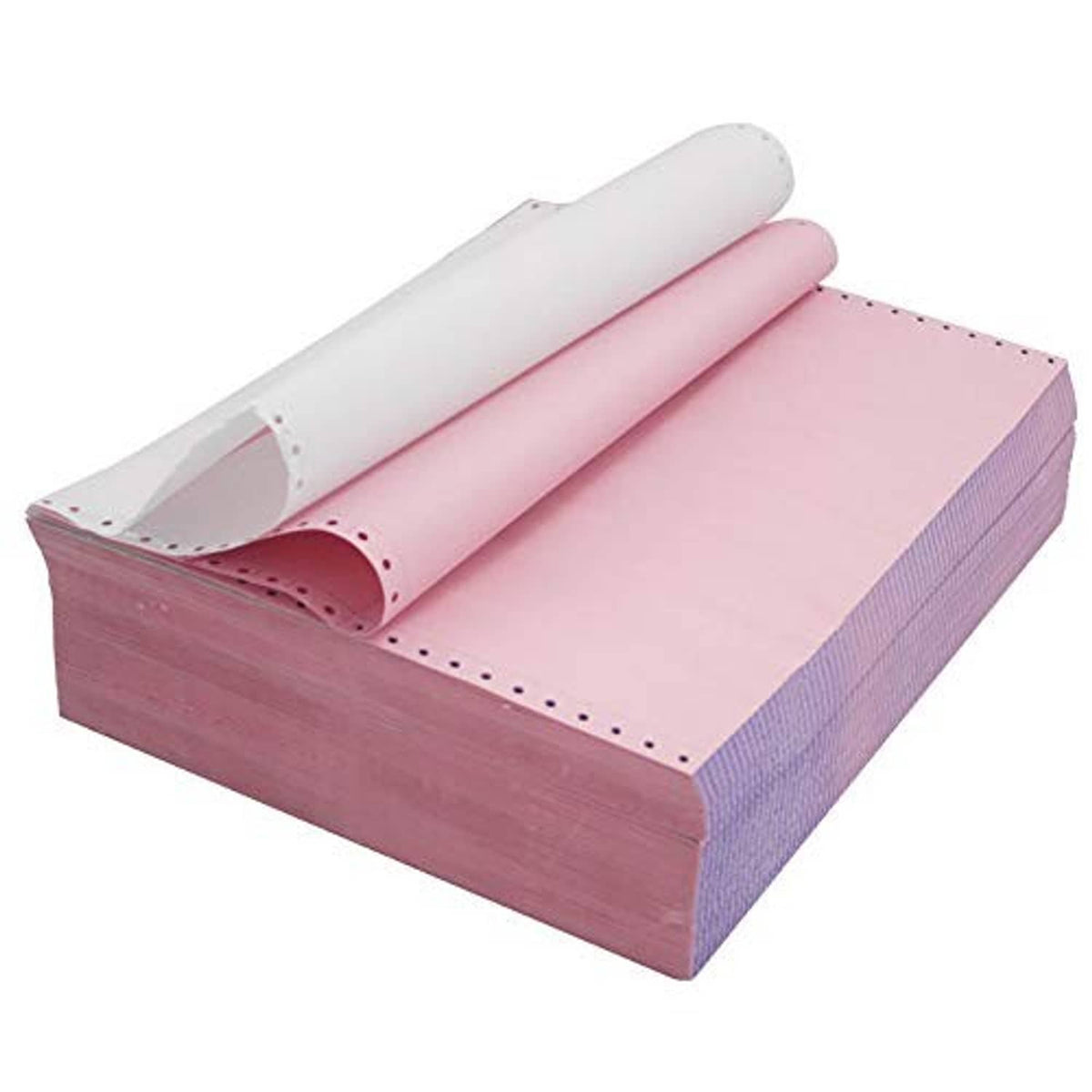 Pink NCR continuous feed paper rolls with perforated tractor-feed edge, 2-ply