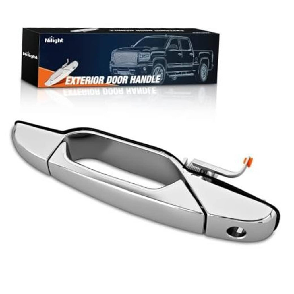 Silver exterior car door handle with integrated grip and keyhole