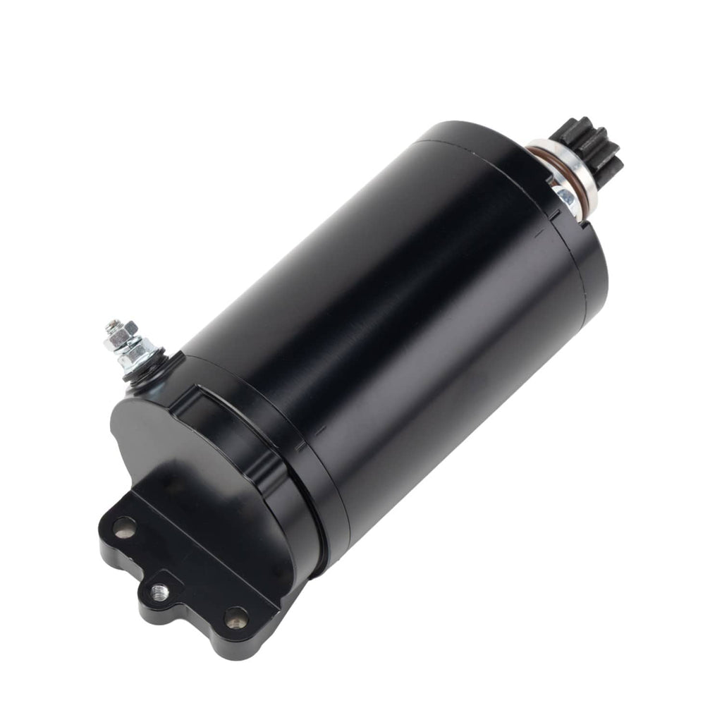 Black cylindrical starter motor with mounting bracket and electrical terminals
