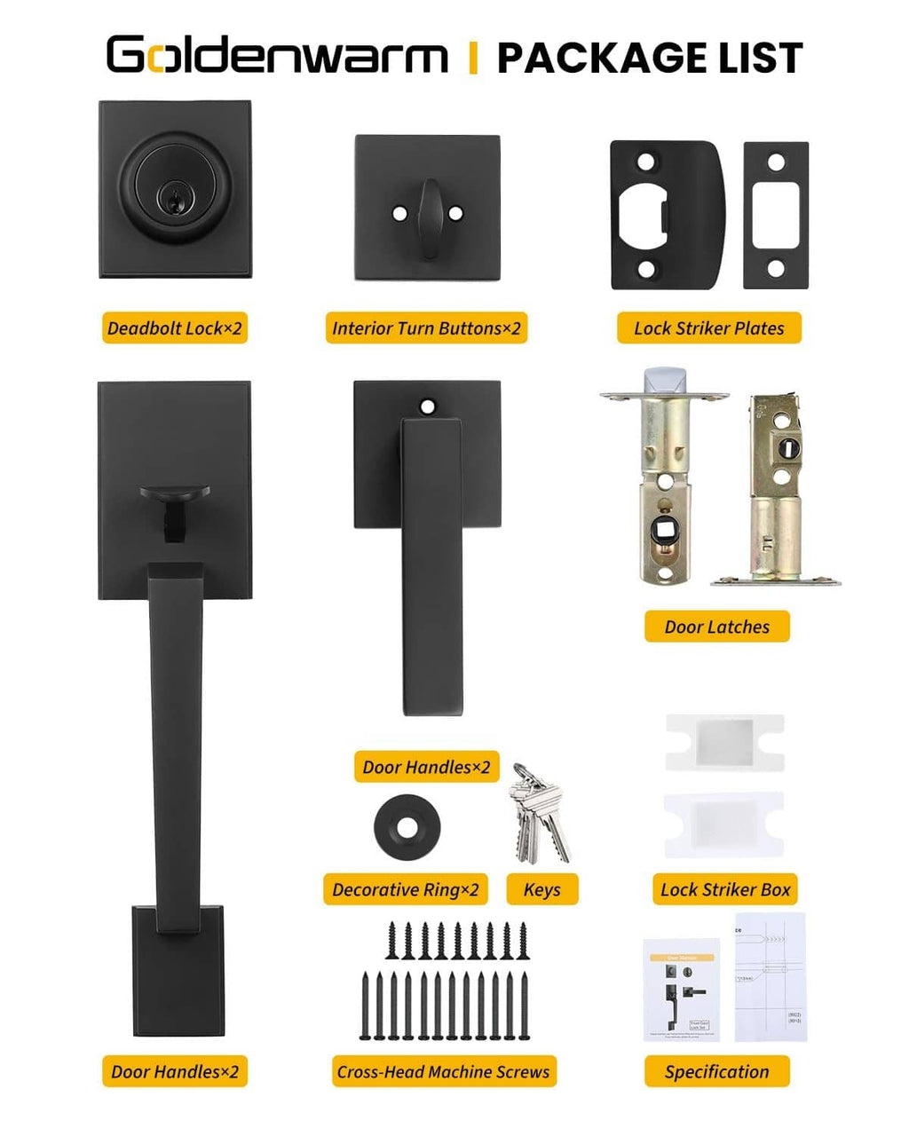 Black door lock set package contents layout with keys, strike plates, and screws