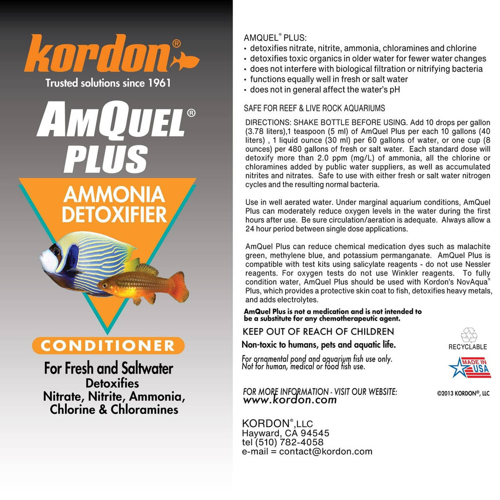 Kordon AmQuel Plus aquarium conditioner bottle back label with directions and ingredients