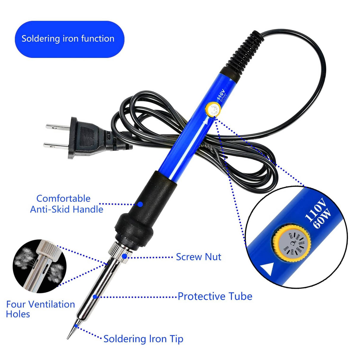 60W soldering iron with blue handle, black cable, protective tube, and vent holes