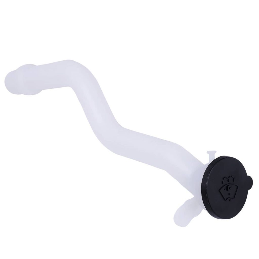 Curved white washer hose with black end cap and small mounting tab