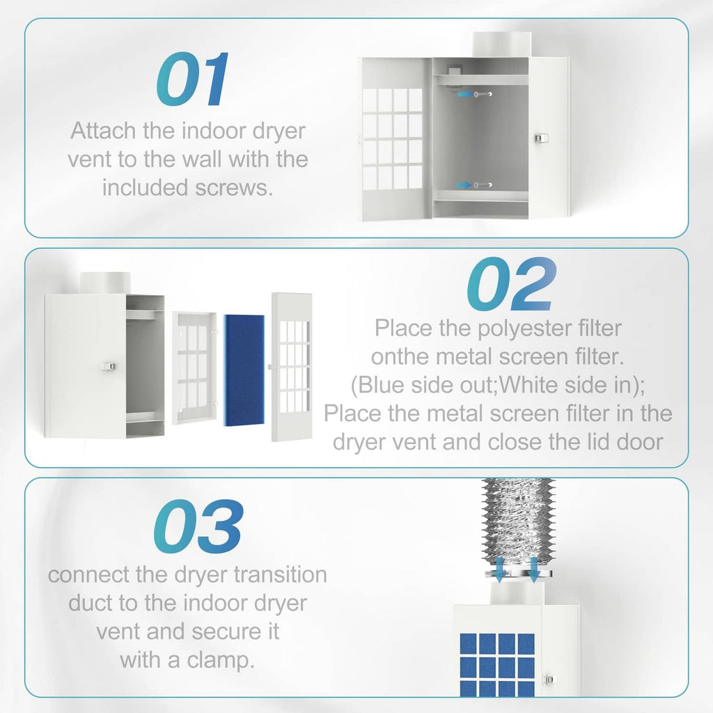 HOOMESUN indoor dryer vent kit parts for installation, screws, vent duct, and clamps