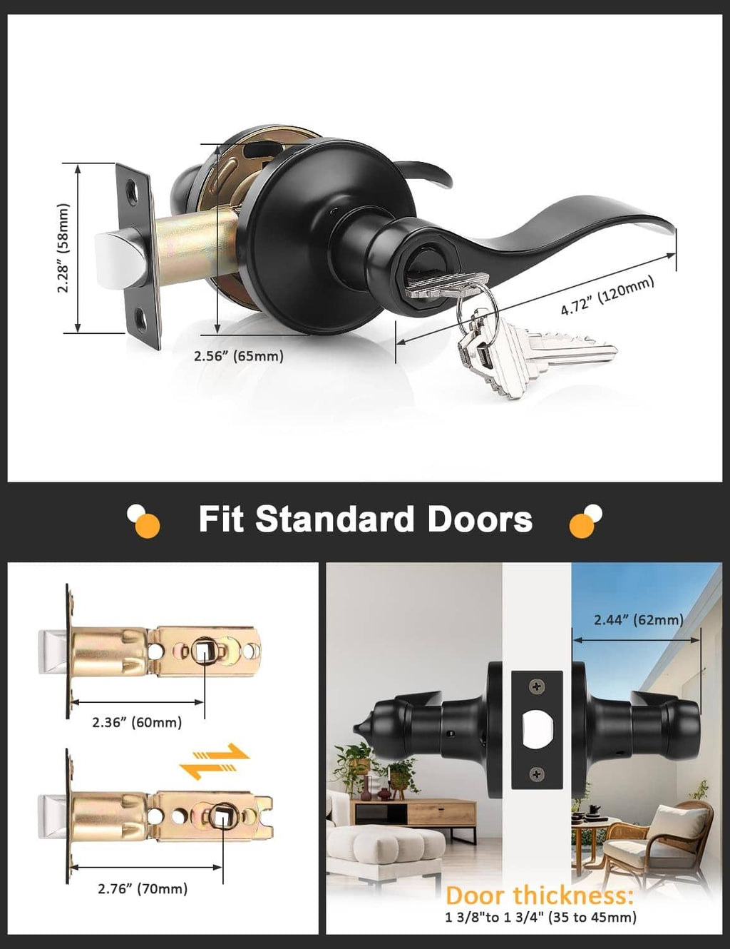 Matte black door lever with key cylinder and included keys, size view