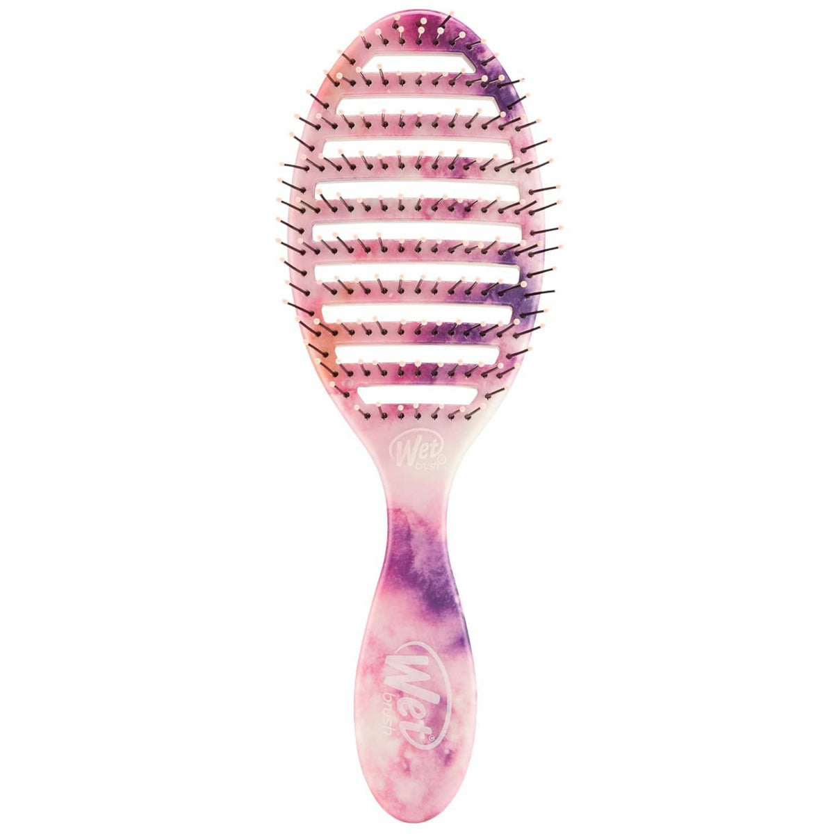 Pink vented paddle hairbrush with rows of bristles and molded ergonomic handle