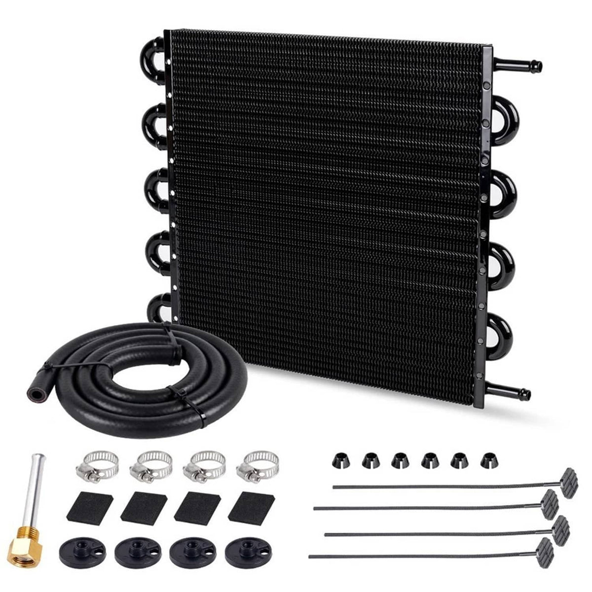 Black finned oil cooler radiator kit with hoses, clamps, screws, and connector fittings