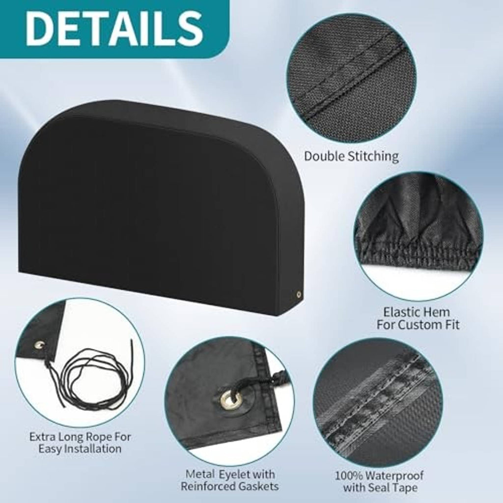 Black tire cover with double-stitching, elastic hem, metal eyelet, and waterproof seams.