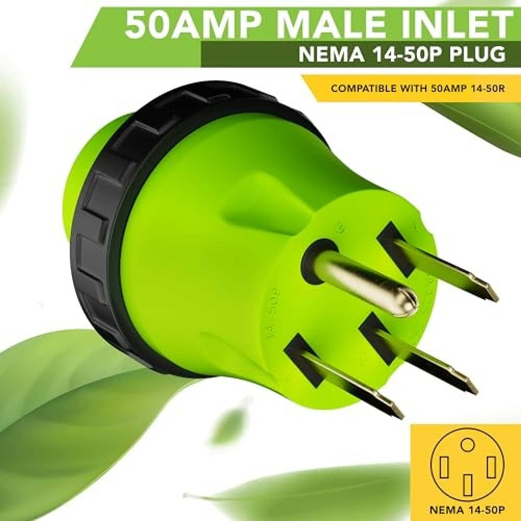Green 50A twist-lock male inlet plug with three-prong blade-style contacts