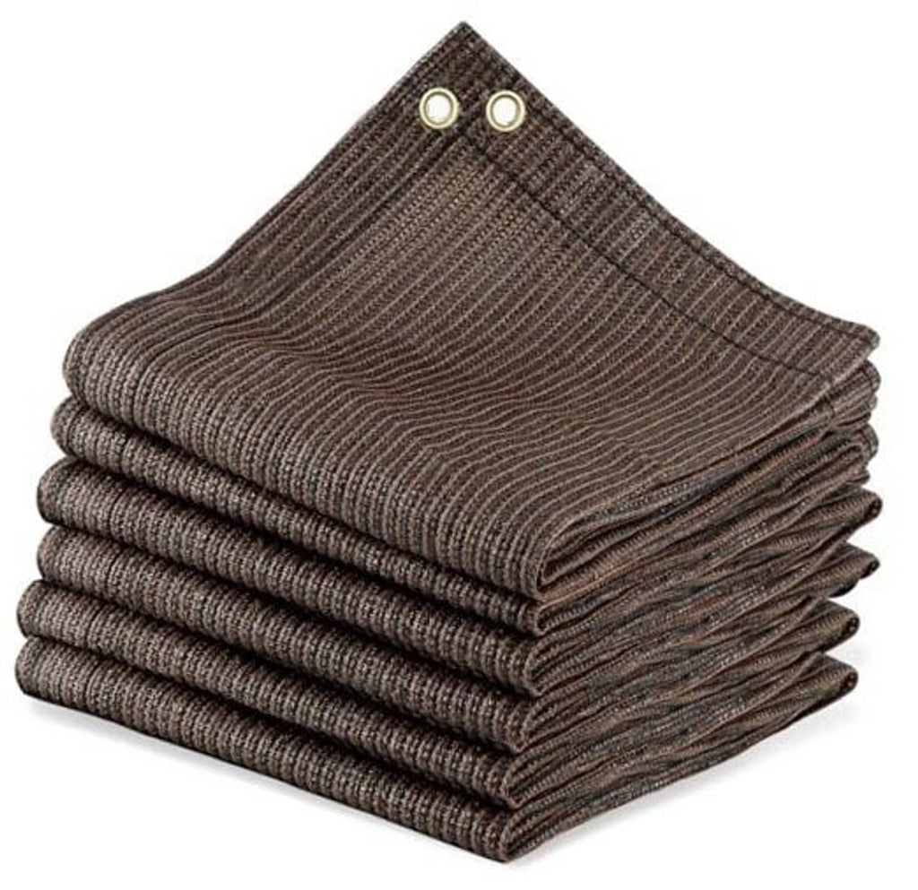 Mocha brown sun shade cloth stack with reinforced grommet holes, woven mesh texture