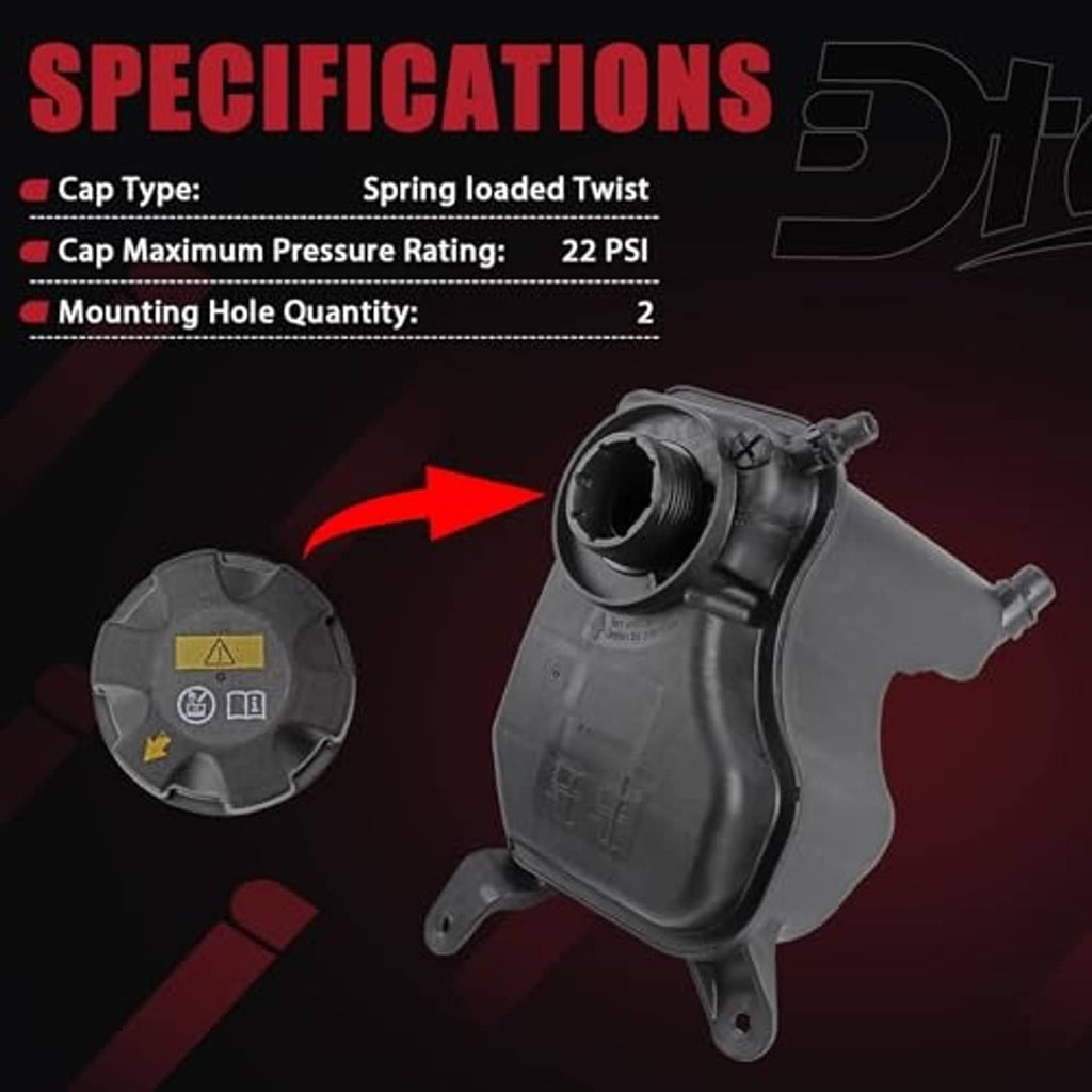 Gray coolant reservoir expansion tank with twist cap, threaded inlet, and ports