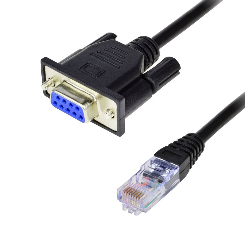DB9 serial female to RJ45 cable with black jacket and transparent RJ45 plug