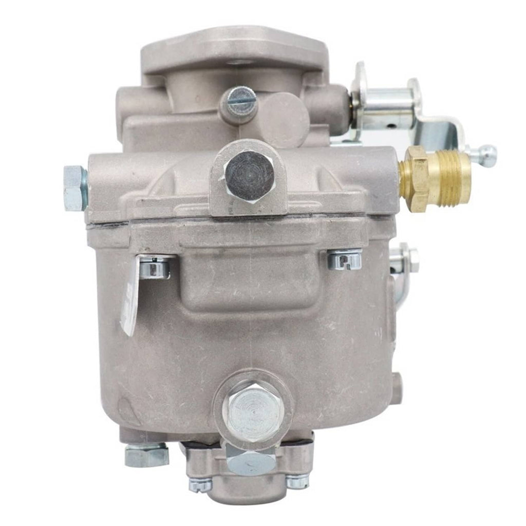 Metal carburetor with main housing, hex cap, and brass fuel line fitting