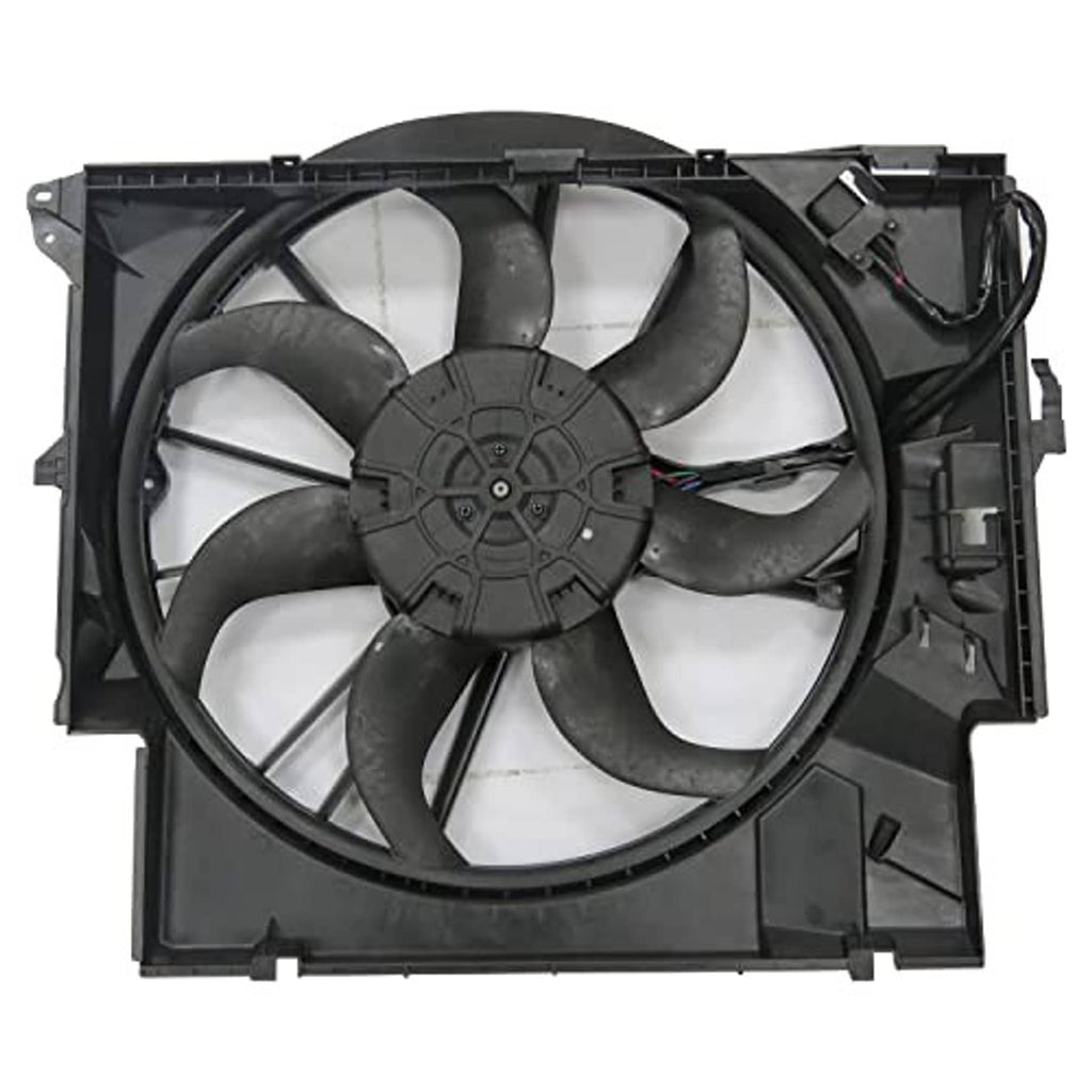 Black cooling fan assembly with multi-blade fan and wiring harness on frame
