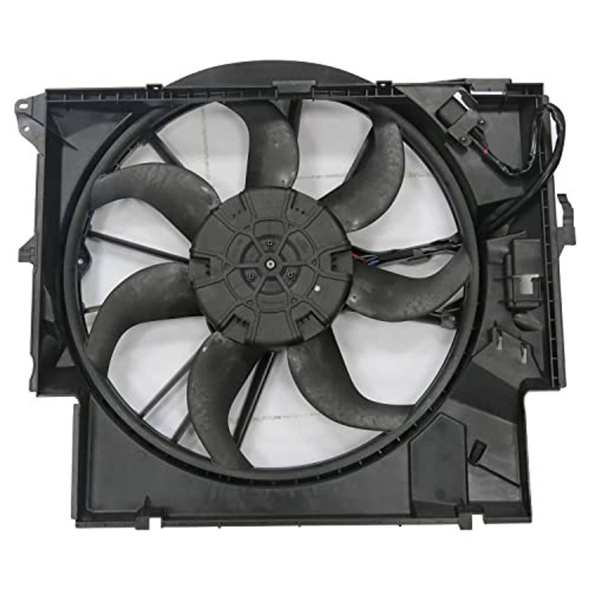 Black cooling fan assembly with multi-blade fan and wiring harness on frame