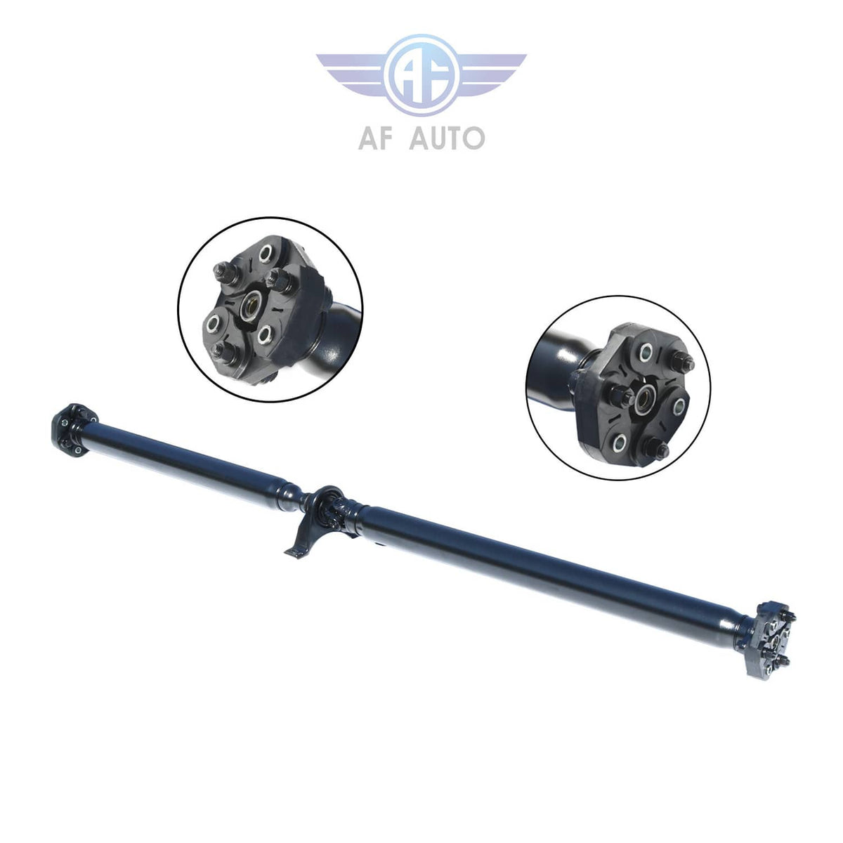 Rear drive shaft with U-joint ends; dark blue tube and black flange hardware.