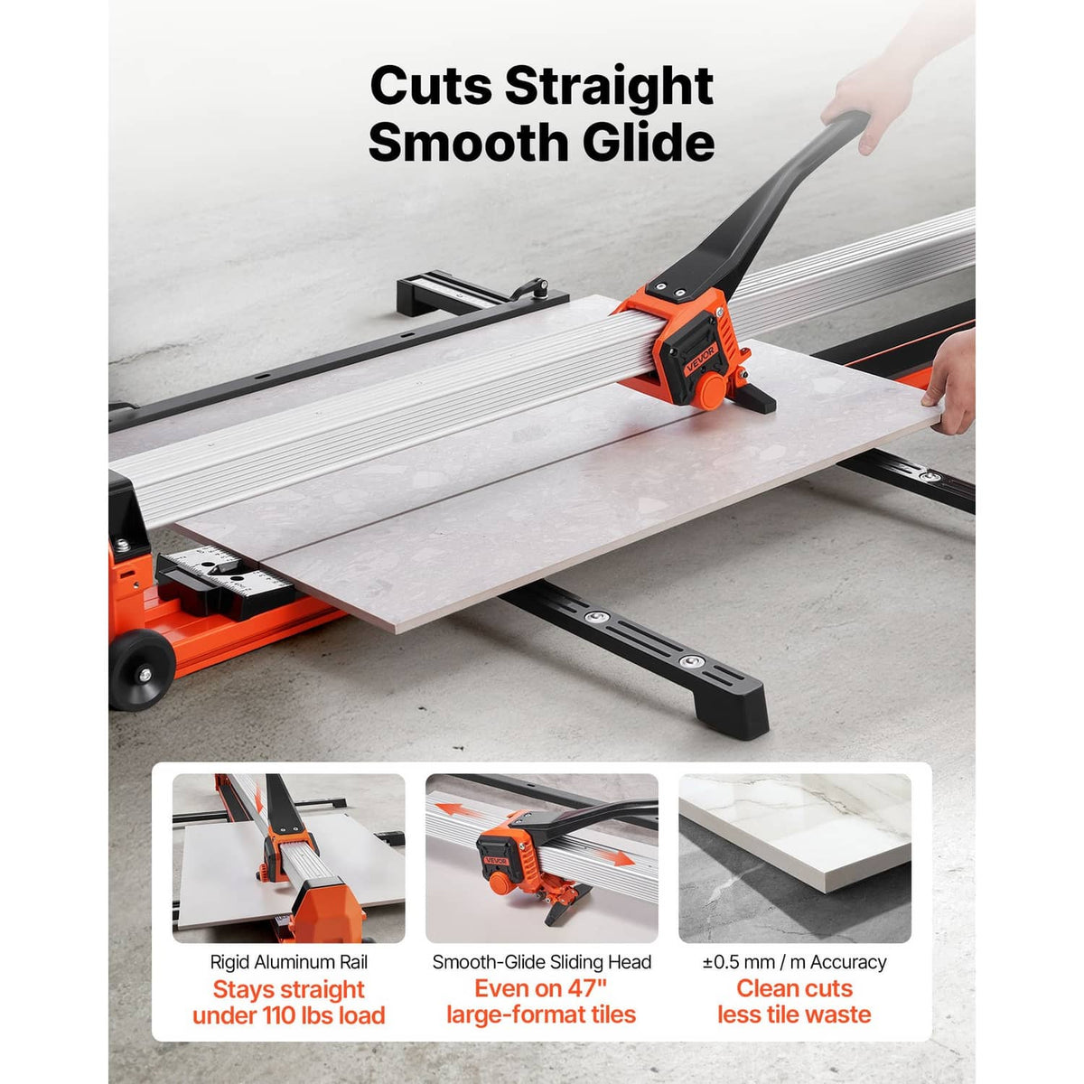 Manual tile cutter cutting a light tile along silver rails
