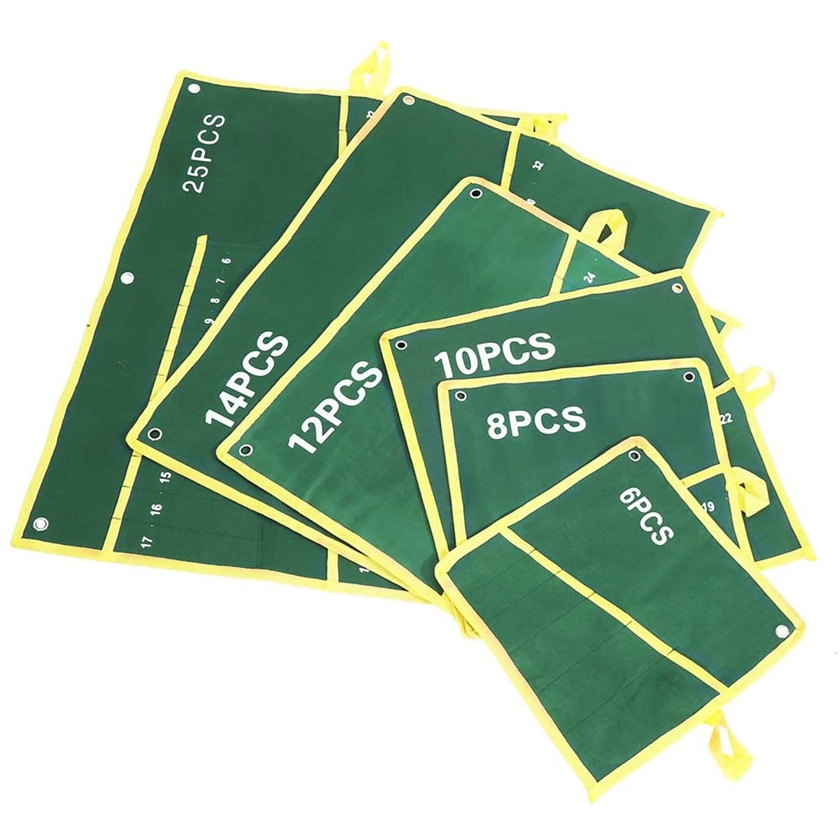 Multiple green wrench organizer pouches with yellow trim, labeled 8PCS,10PCS,12PCS,25PCS