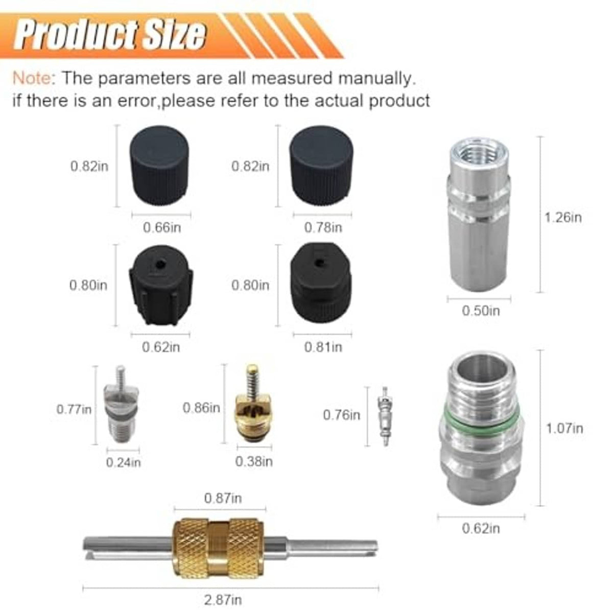Car A/C valve core kit size chart with brass and silver adapters and valve cores