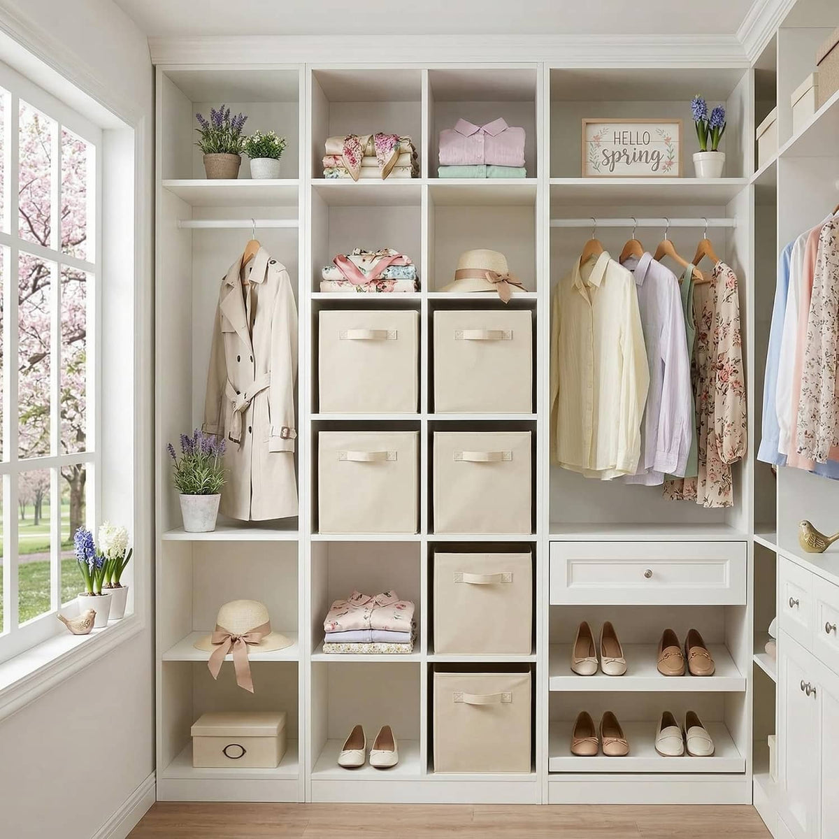 Beige fabric storage cubes in a closet organizer with pull handles