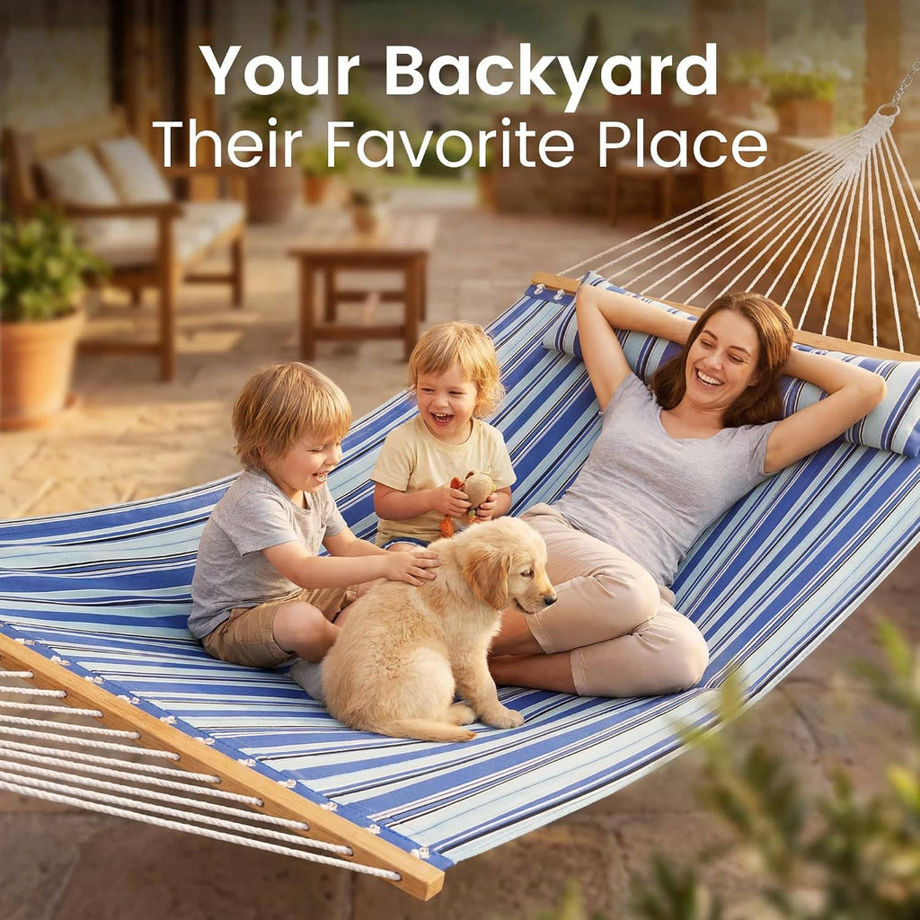 Blue and white striped double hammock with wooden spreader bar, family and dog relaxing