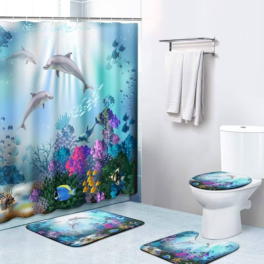 Sea dolphin shower curtain set with two bath mats and hanging hook hardware, ocean print