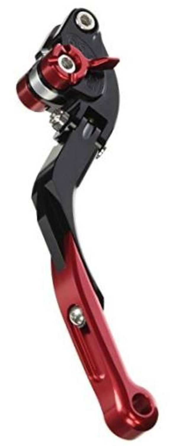 Folding extendable brake lever with black head and red lever arm, adjustable hinge